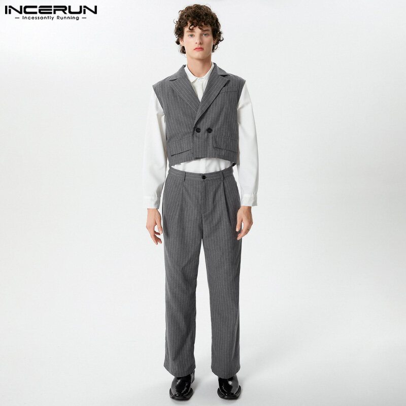 2024 Men Striped Sets Lapel Sleeveless Vests & Straight Pants 2PCS Streetwear Elegant Fashion Men's Casual Suits S-5XL INCERUN