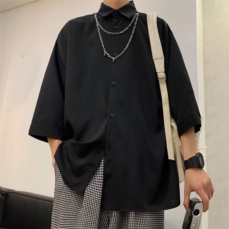Рубашка мужская с длинным рукавом, модная уличная одежда с цепочкой, свободная винтажная сорочка с отложным воротником, Y2K