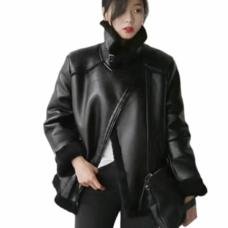 Manteau de moto en peluche Tabbit pour femme, cuir lavé, fourrure Smile One, vêtements chauds, mode automne et hiver, nouveau