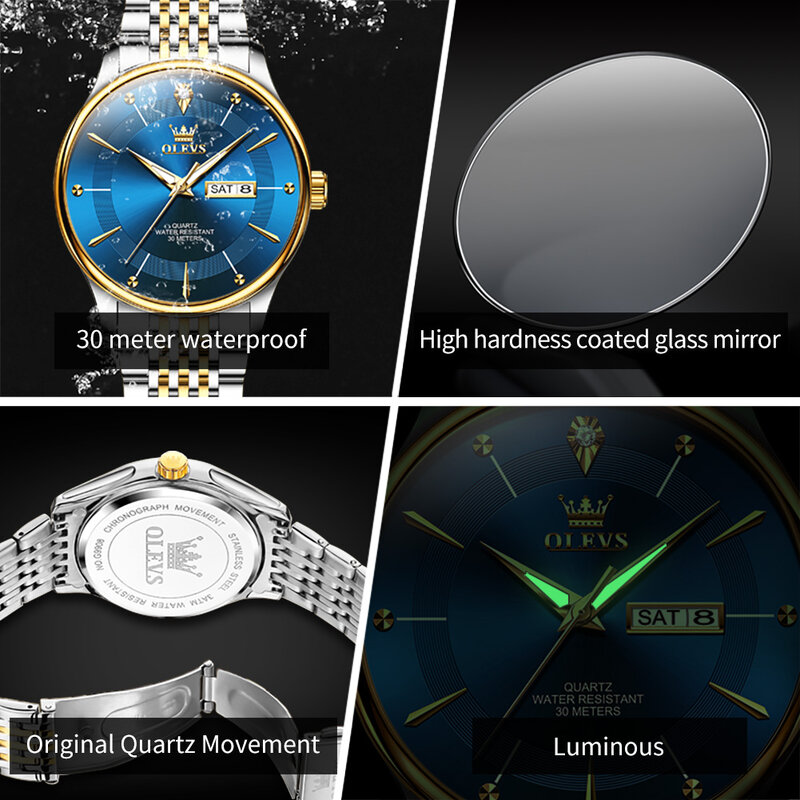 นาฬิกาควอตซ์แฟชั่นบลูแบรนด์ OLEVS สแตนเลสผู้ชายกันน้ำเรืองแสงนาฬิกาผู้ชายธุรกิจแสดงวันที่สัปดาห์