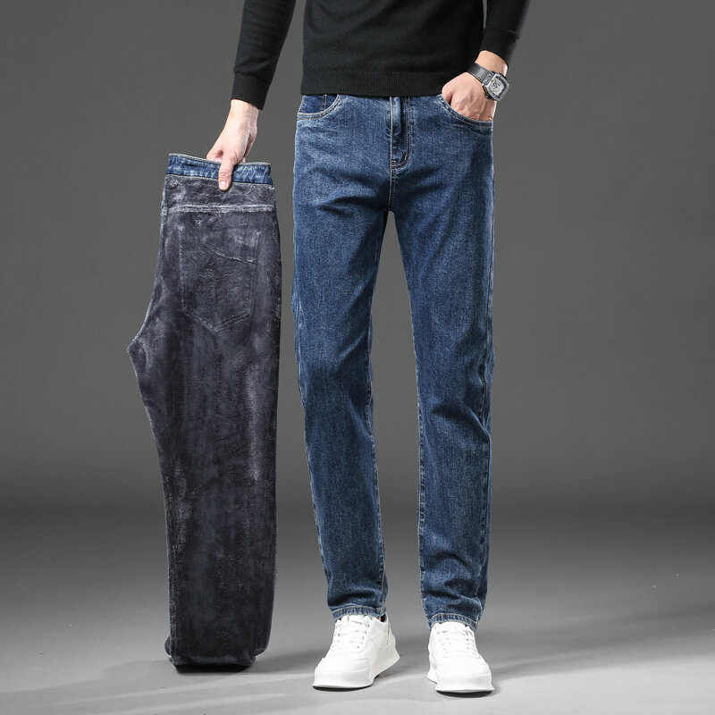 Calça jeans grossa e quente masculina, calça jeans reta elástica, casual masculina, calça de pelúcia, fina, velo, inverno, moda