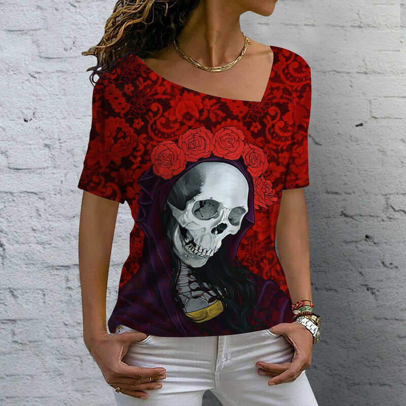 Vintage Skull Women's T Shirt 3D Printed Skew Collar Blouses Casual Short Sleeve Pullover Tops Summer Oversized Clothes Tees