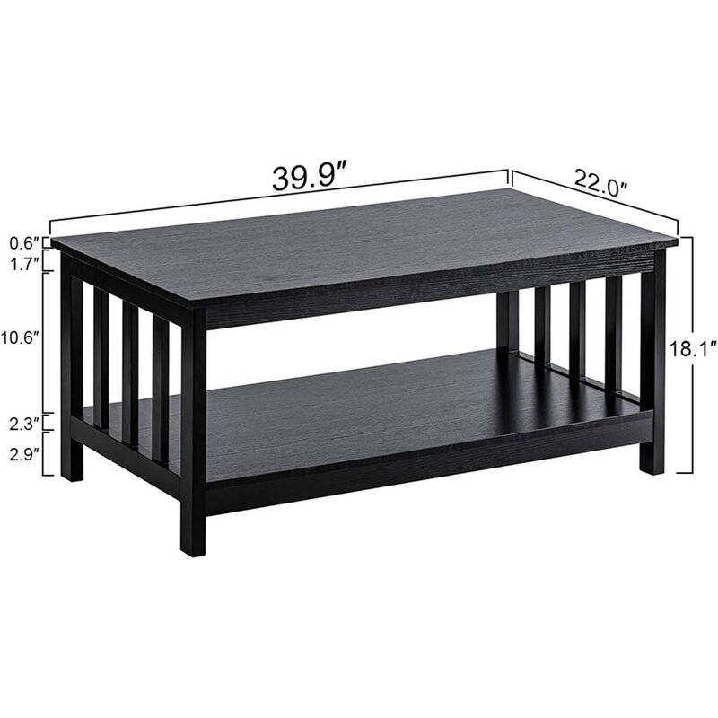 Mission Coffee Table, Black Wood Living Room Table with Shelf, 40 Black