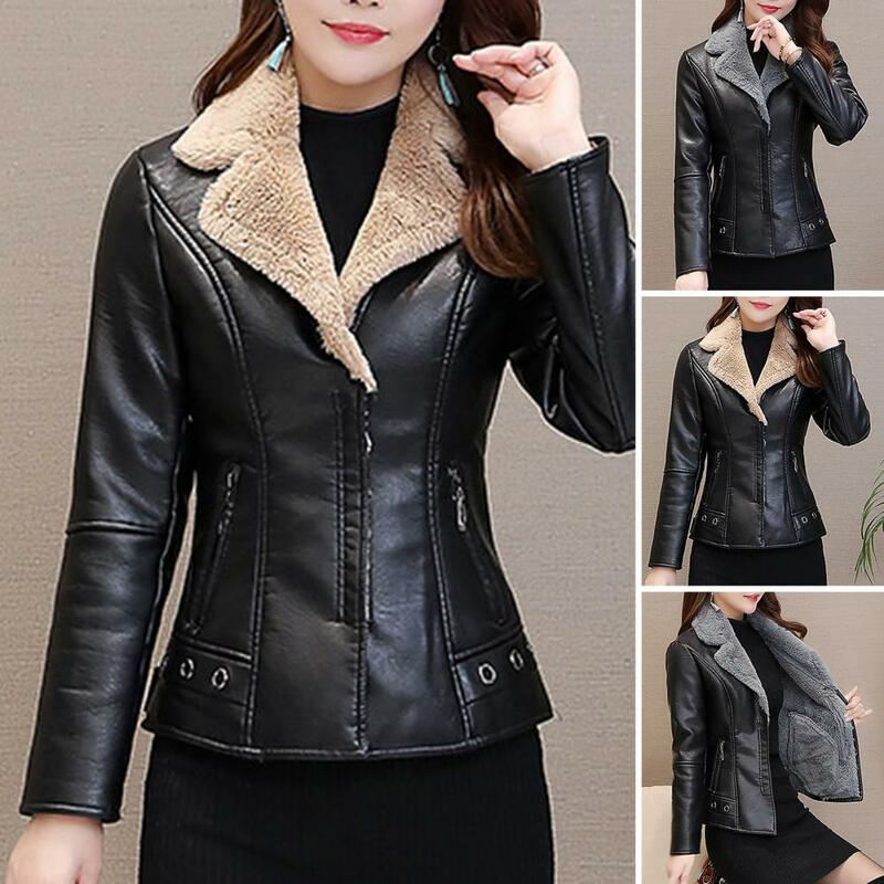 Women Jacket Warm Plush Faux Leather Women's Jacket with Zipper Pockets Turn-down Collar for Fall Winter Stylish Slim for Ladies