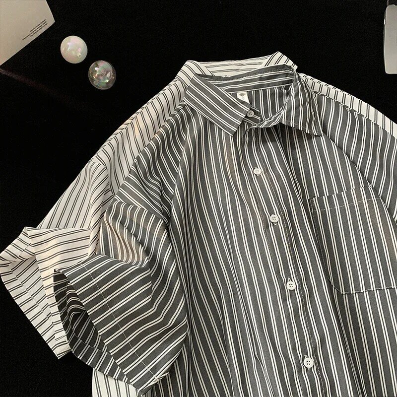 남성용 일본 상의 블라우스 반팔 버튼업 비치 비치웨어 셔츠, 스트라이프 여름 의류, 샌디 쇼어 티셔츠