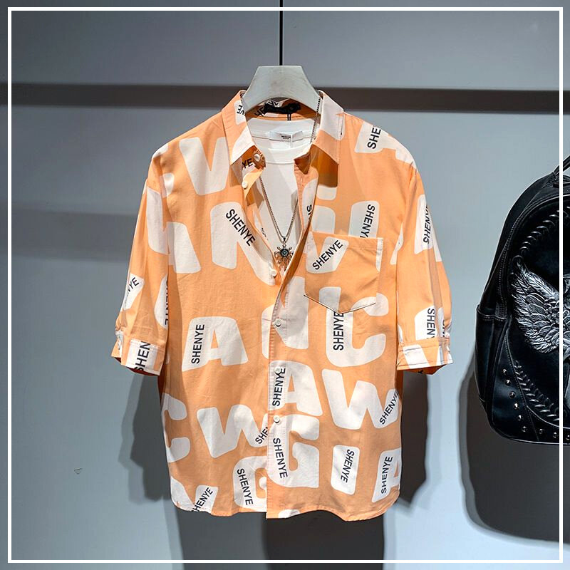 2024 New Summer Japanese Minimalist Casual Loose Oversize Fashionable Lapel Letter Print Versatile Short Sleeved Shirt for Men