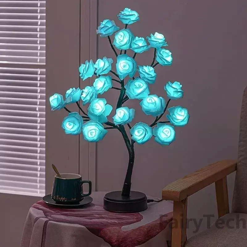 ไฟ LED ต้นไม้ดอกกุหลาบ24ดวงแบบแปลกใหม่โคมไฟตั้งโต๊ะแบบ USB lampu tidur นางฟ้าปาร์ตี้คริสมาสต์งานแต่งงานของขวัญตกแต่งห้องนอน