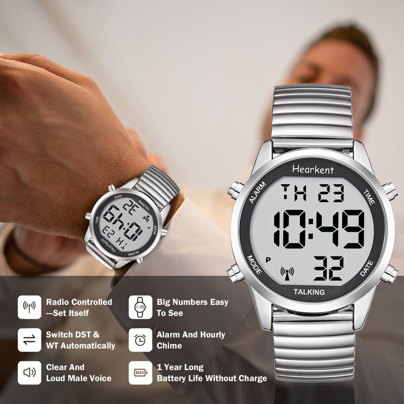 Relógio Hearkent-Talking para visualmente imset, relógios digitais, display LCD, números grandes, cinta de nylon cega, relógios de pulso idosos