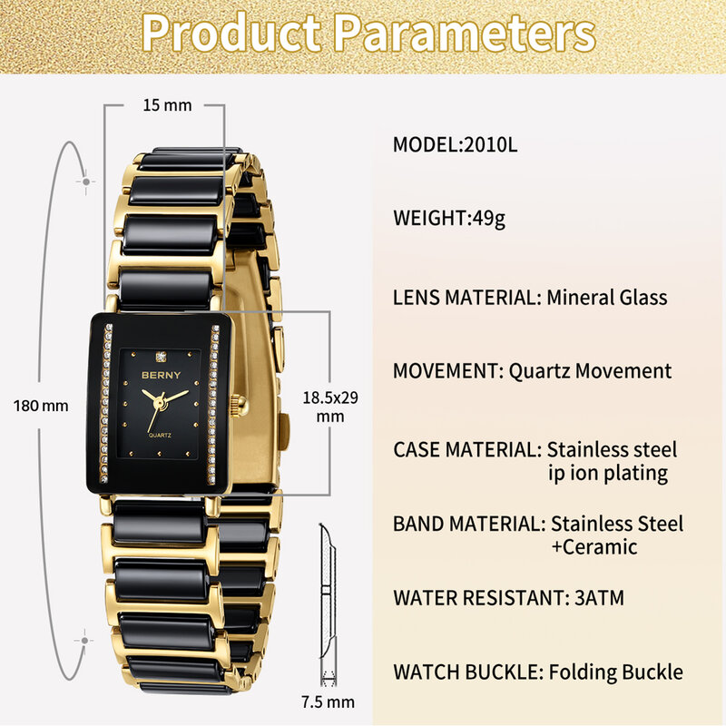 버니 세라믹 쿼츠 시계, 남녀공용 직사각형 손목 시계 팔찌, 럭셔리 다이아몬드 골드 커플 시계, 선물 시계, 패션