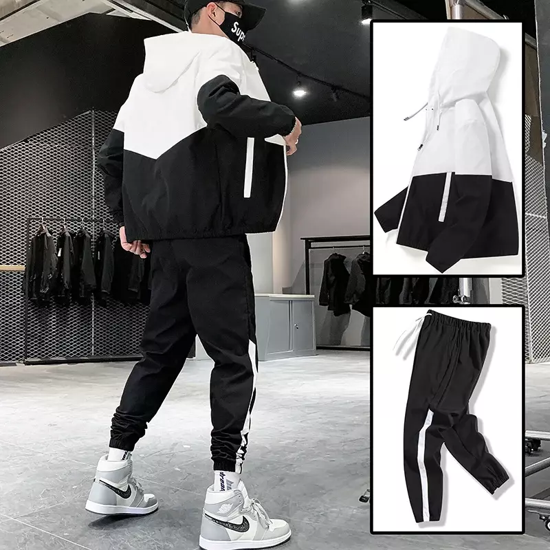 Spring and Autumn new men's sportswear casual jogger hooded sportswear jacket and pants 2-piece hip hop running sports suit