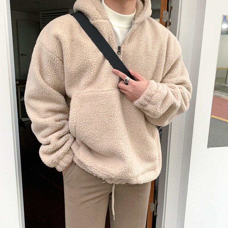 Abrigo de algodón de lana de cordero para hombre, versión coreana abrigo de lana de cordero, capucha suelta gruesa de felpa de tendencia de invierno