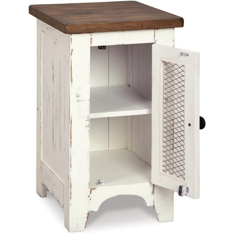 Wystfield Farmhouse Chair Side End Table, Porta do armário para armazenamento, branco e marrom, acabamento angustiado