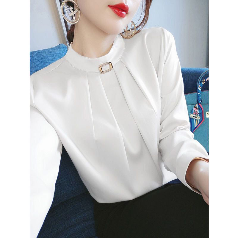 Autumn Fashion Solid Color Office Pleated Blouse Women New High-quality Long Sleeve O-collar All-match Chiffon Lady Shirt 2022