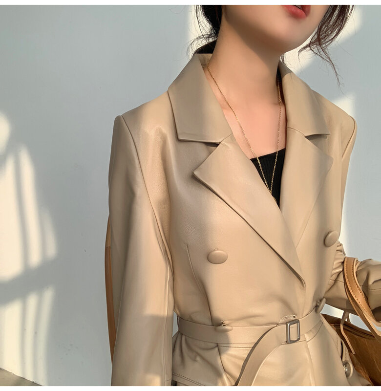Jaqueta coreana de couro genuíno feminina, casaco 100% pele de carneiro, casacos e jaquetas femininas, primavera e outono, 2024