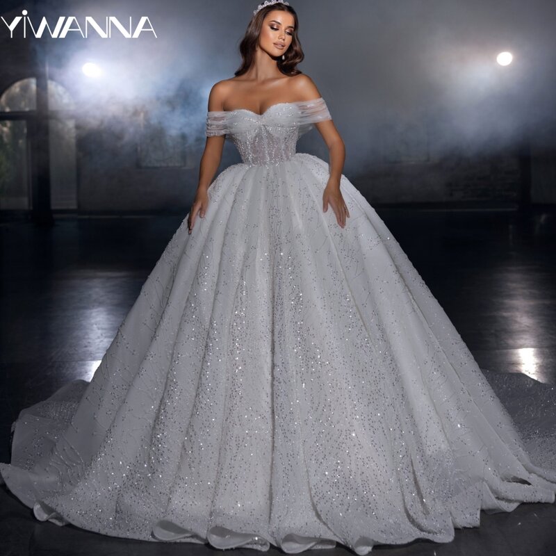 Romantyczny dekolt w kształcie suknia ślubna błyszczący cekiny koraliki suknia ślubna luksusowa suknia balowa długa suknia panny młodej Vestido De Novia