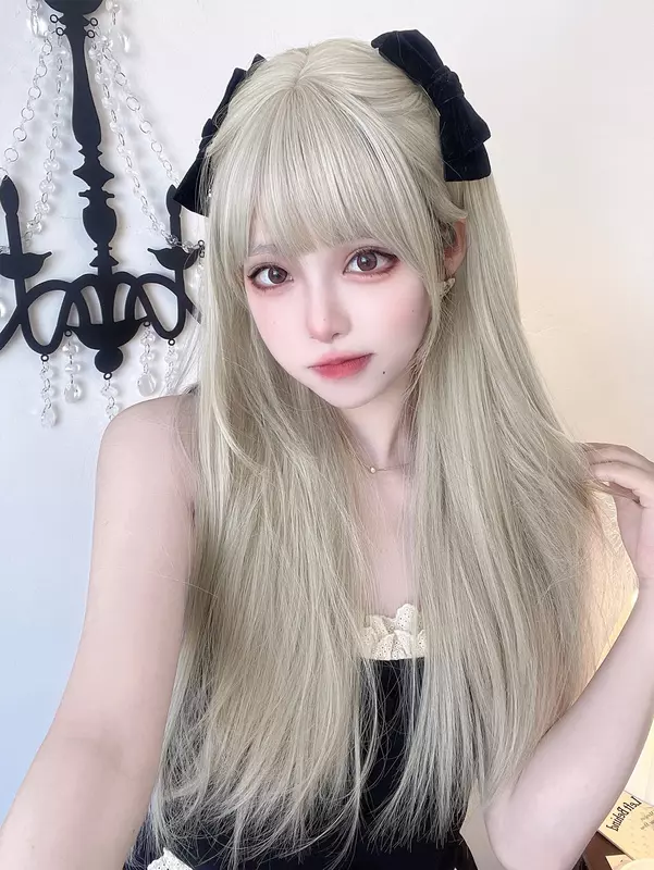 24Inch Milky Gray Color Synthetic Wigs With Bang Long Natural Straight Hair Wig For Women Cosplay Drag Queen Heat Resistant