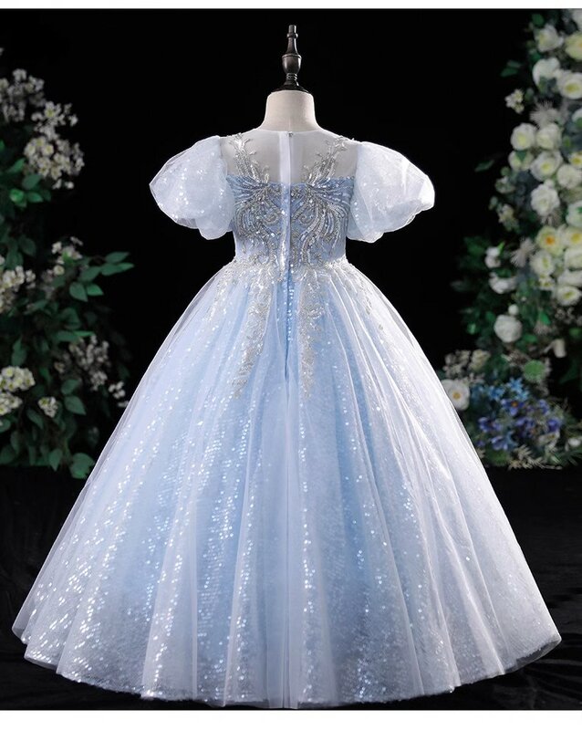 Радужное голубое атласное платье без рукавов для девочек на день рождения с цветами на молнии для свадьбы и крещения искусственная принцесса для официального исполнения