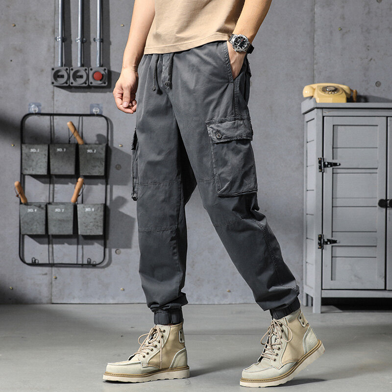 Calça cargo multibolsos masculina com elástico na cintura, corredores de algodão reto, calça casual de trabalho, moletom, streetwear