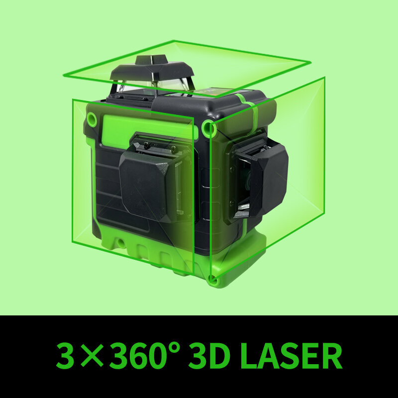 Pracmanu Laser Level hijau 3D, Level Laser 12 Garis 3D, pelevelan otomatis sendiri garis Horizontal dan vertikal lintas garis dengan 360 baterai