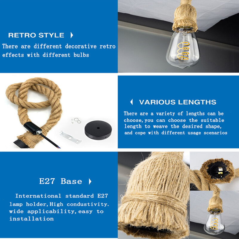 Retro Vintage Hemp Rope Pendant Light American Industrial Hanging Lamps Creative Loft Country Style Ceiling Lamps E27 Edison LED