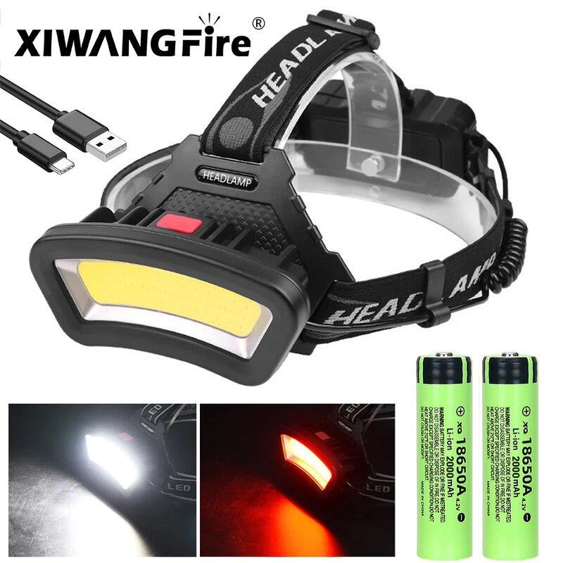 Wide Angle COB LED Headlight, Ampla gama de iluminação, Farol recarregável USB, Head Light, Lanterna Use 2*18650 Bateria, 1000LM