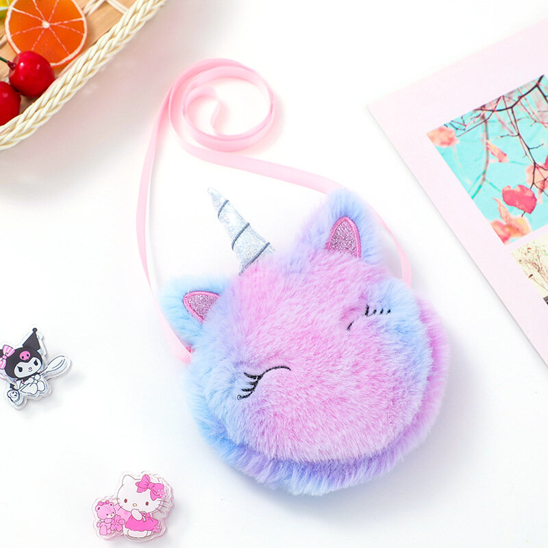 Cartoon Unicorn Crossbody Bag for Children's Cute Princess Keys Coin Purse Plush Fluffy Messenger Bag Girls Mini Shoulder Bag