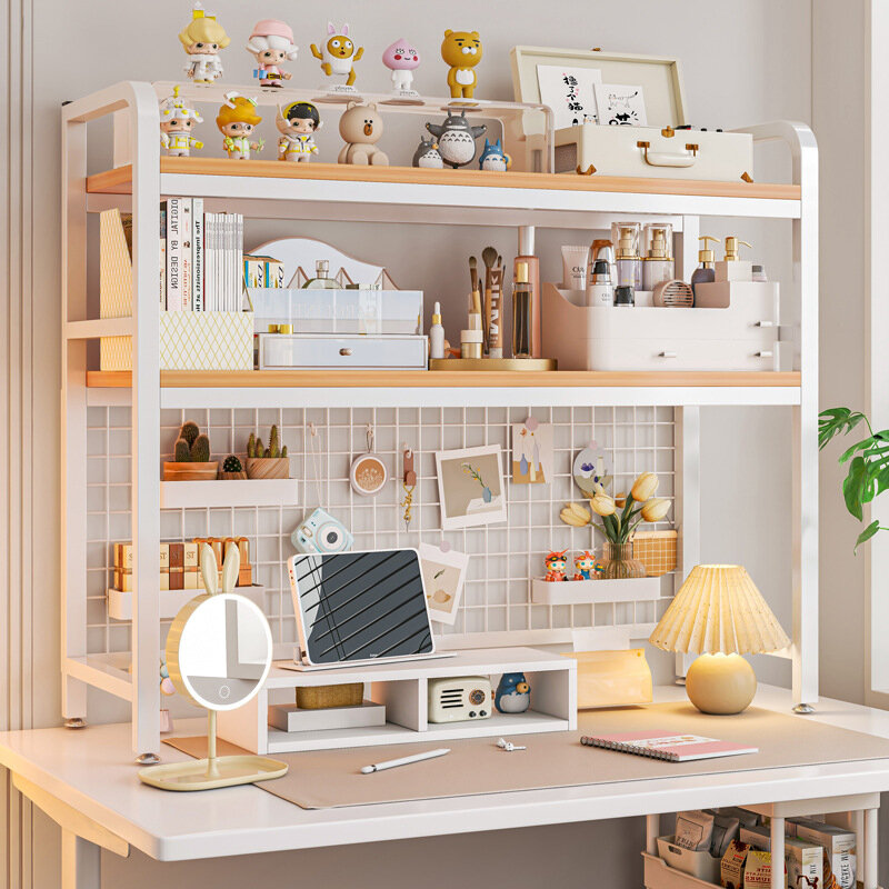 Bookshelf Bookcase With Grid Desktop Multi-layer Wrought Iron Shelf Student Computer Desk Table Hole Board Table Wooden Shelves
