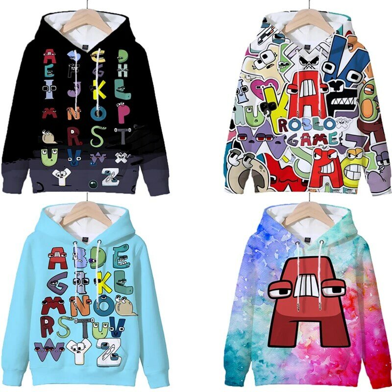 Толстовка с рисунком алфавита для мальчиков и девочек, пуловер с длинным рукавом, топы, свитшоты с рисунком аниме, мультяшная спортивная одежда, детская одежда