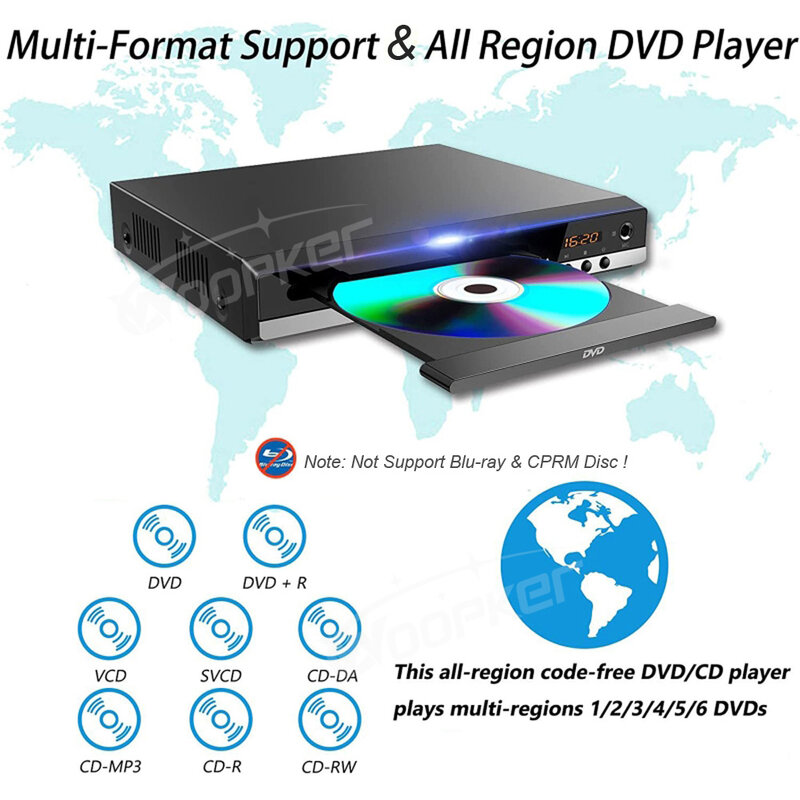 Woopker Home Odtwarzacz DVD Full HD B29 1080P Odtwarzacz CD/EVD/VCD o wysokiej rozdzielczości z wyjściem AV i HDMI Mikrofon USB 110V / 220V