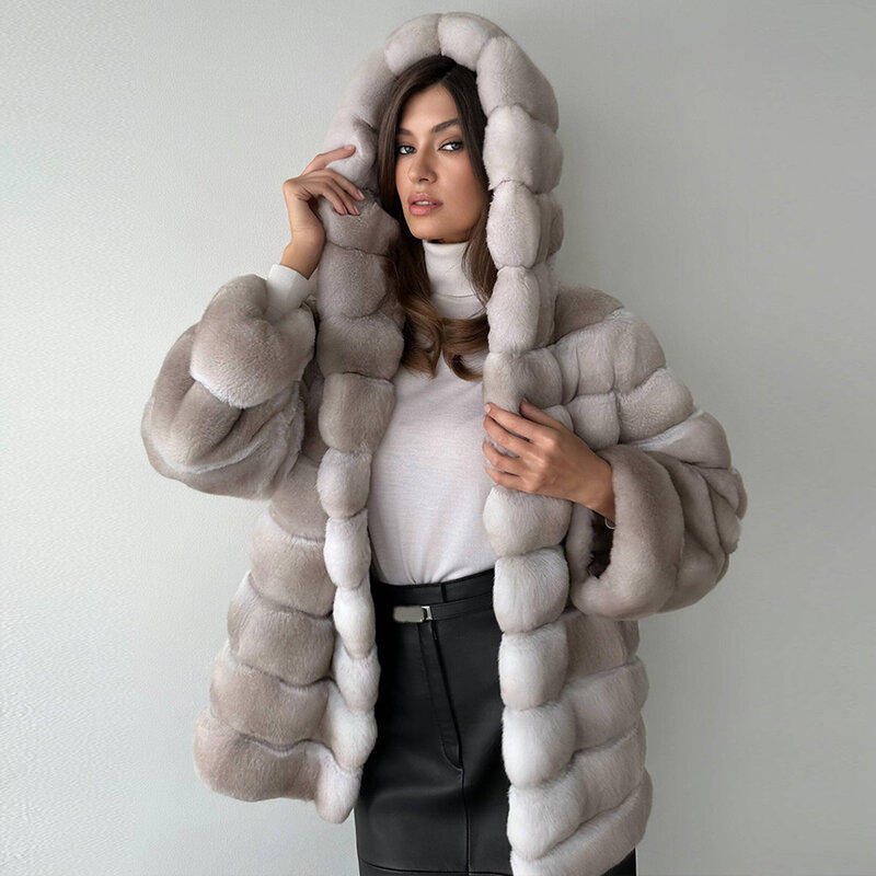 Mantel bulu wanita, jaket musim dingin bertudung dengan tudung untuk bulu kelinci Rex wanita