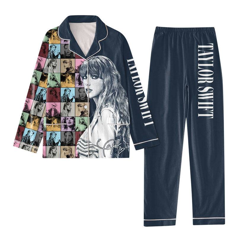 Conjunto de pijamas Taylor Letter Print Pijama de Natal, pijama Swift manga longa, camisas com gola na lapela, terno, 1989, 2 peças