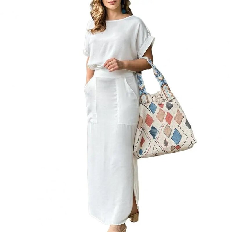2Pcs/Set Women Outfit Top Maxi Skirt Set Solid Color Side Split Ankle Length Skirt T-shirt Summer Women Set