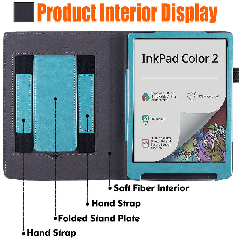 Pocketbook InkPad Color 2, estojo com suporte-manga de couro PU, capa com duas alças de mão, sono e vigília automáticos, 4 cores