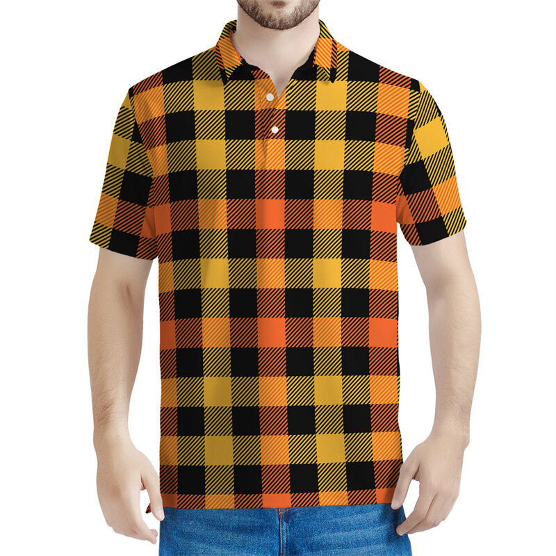 Camisa polo xadrez geométrica masculina, camiseta estampada em 3D, tops casuais com lapela, mangas curtas, camiseta de botão, moda verão