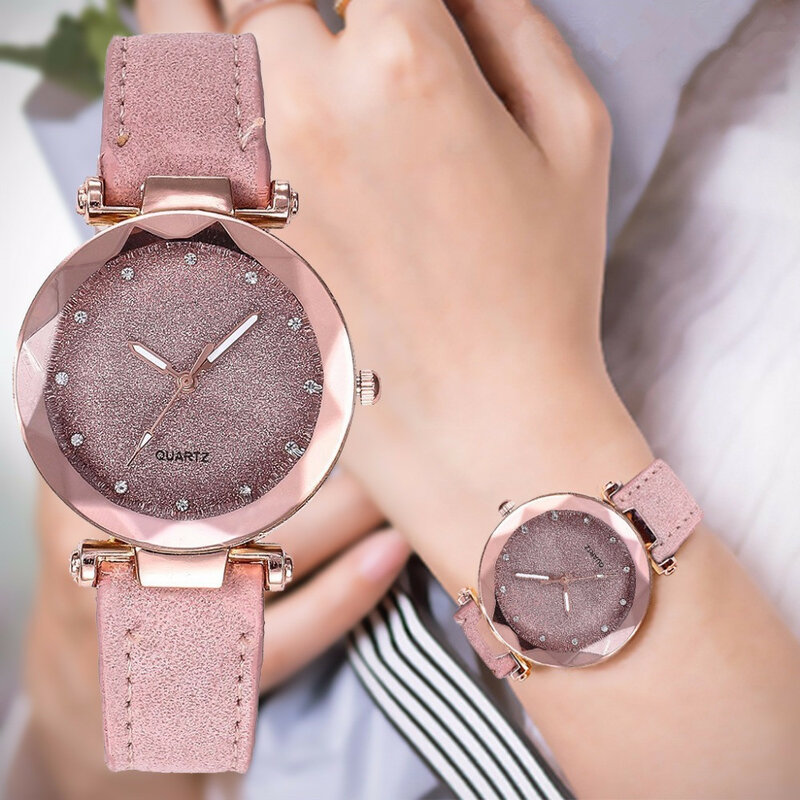 Rundes Gesicht Strass Stern Himmel Silber rosa Frauen für Uhr Freizeit Modetrend matti erten Gürtel Vintage schwarzen Quarz Armbanduhr