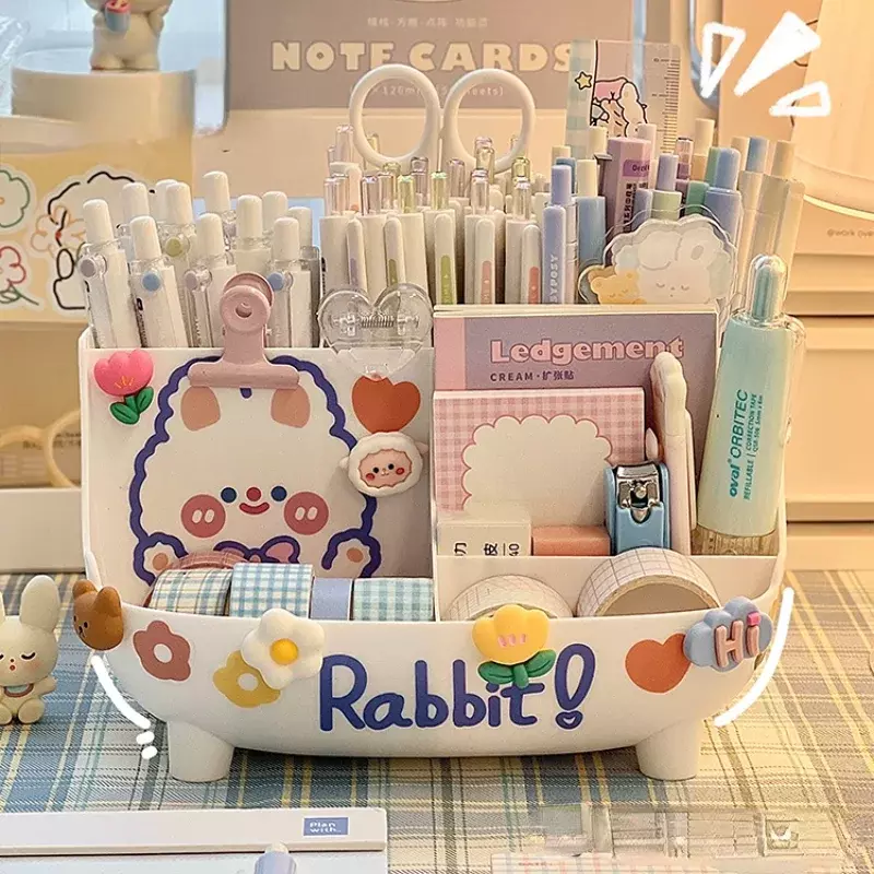 Kawaii Desktop Pen Holder Large-capacity Cute Stationery Storage Box Creative Cartoon Pencil Holder Ins Desk Organizer for Girls