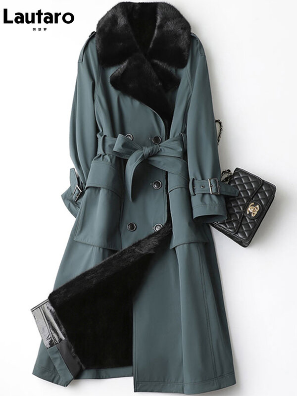 Lautaro-casaco de pele sintética com bolsos do cinto para mulheres, trespassado duplo, longo, quente, grosso, luxo, parque, inverno