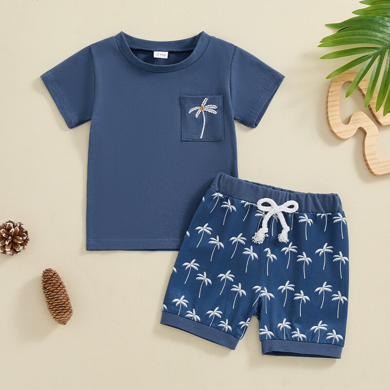Conjunto de camiseta e shorts de manga curta para bebês, roupas de criança, roupas bordadas em árvore, verão, 2024-05-05