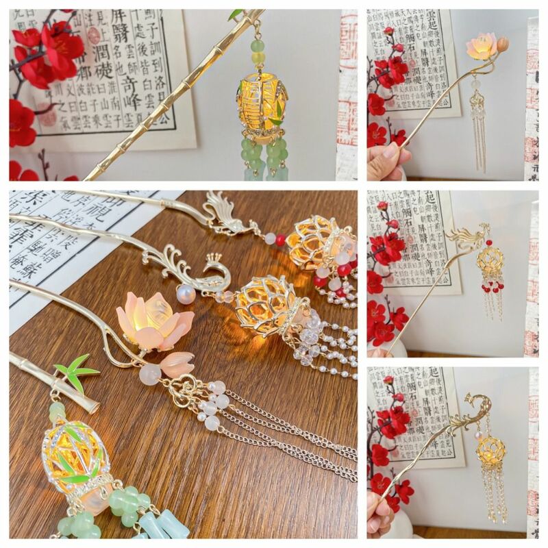 Flor de lótus-estilo chinês Hair Stick, Tassel clássico, Metal Hanfu, cabelo Chopsticks, garfo de cabelo, lanterna, Hair Stick, executar