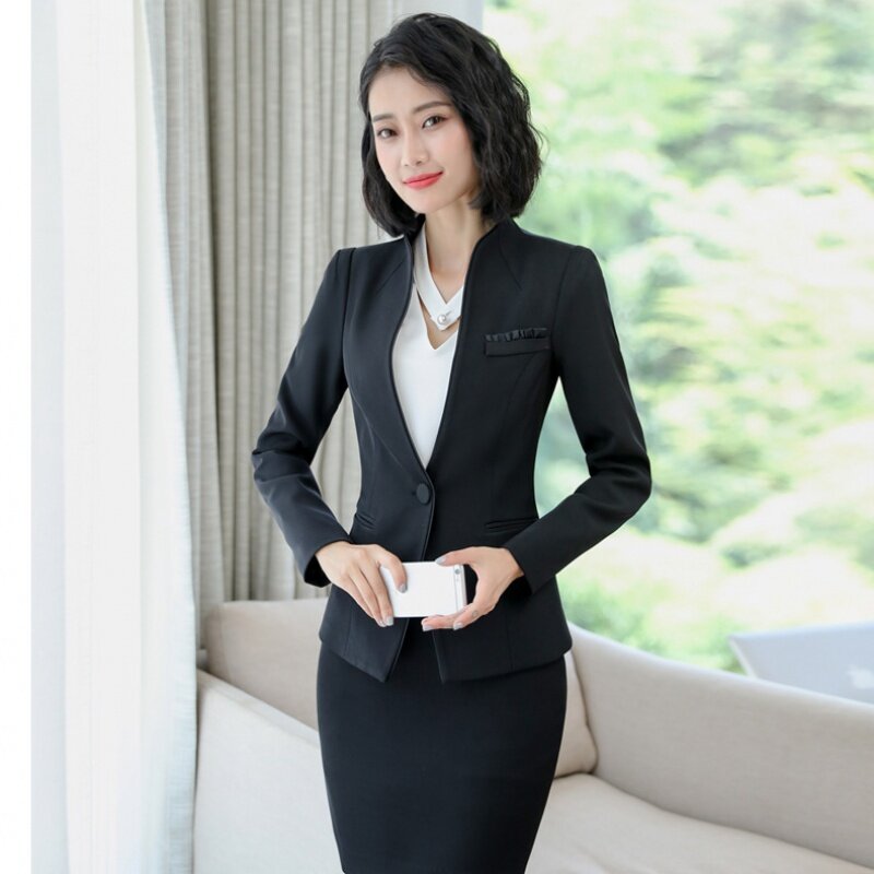 1705 Long Sleeve Stand Collar Business Wear Women's Skirt Suit Hotel Hotel Front Stage Work Wear Clothes Business Formal Wear Su