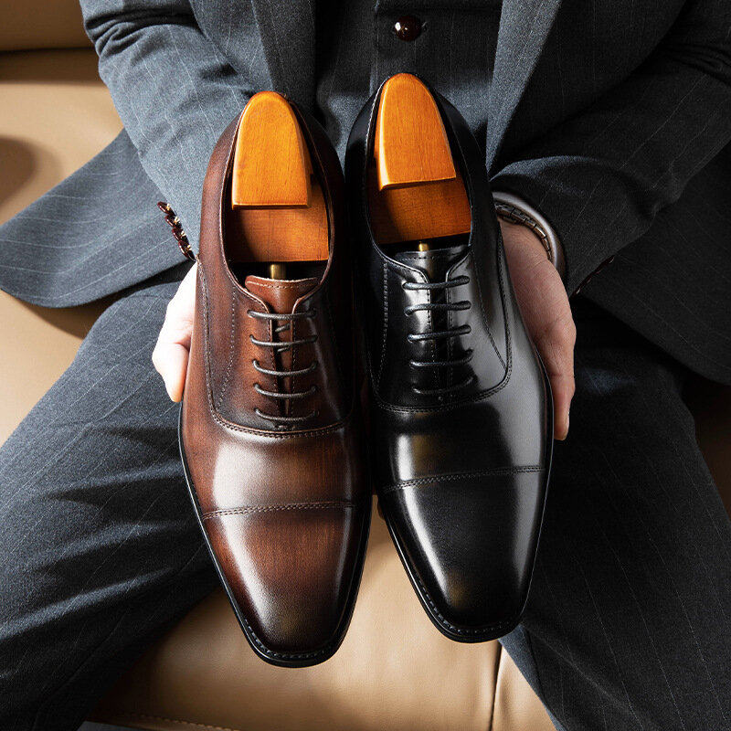 Włoskie buty ślubne z prawdziwej skóry męskie luksusowe ręcznie robione wysokiej jakości wygodne modne czarne formalne buty oxfordy męskie