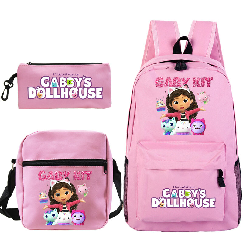 Sac à dos imprimé maison de courses de Gabby pour enfants, sac de maternelle rose pour enfants, cartable léger pour filles, cartable de grande capacité, ensemble de 3 pièces