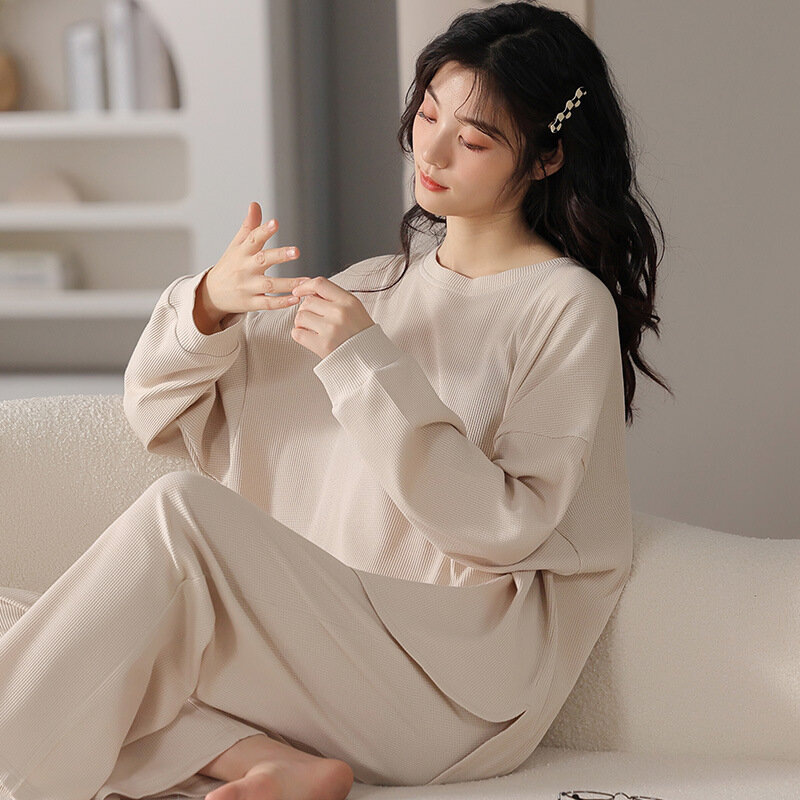 New Pajama Suit Female Cotton material Waffle Round neck High sense Long Sleeve Trousers Wearable Home clothes Free shipping 038