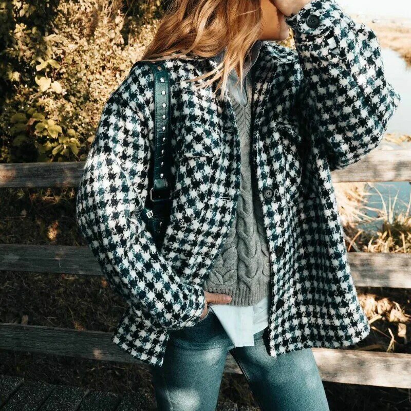 Women Autumn Plaid Jacket Check Houndstooth Lapel Collar Coat Winter Female New Full Sleeves Single Breasted Outerwear Classic