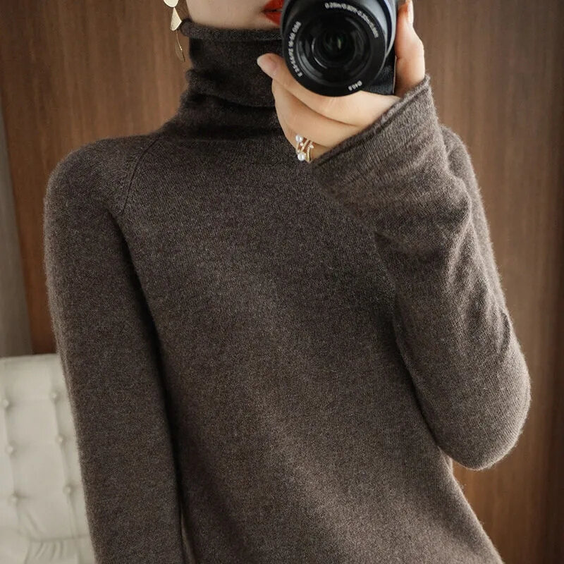 Fashion Sweater rajut wanita, Turtleneck warna polos musim gugur musim dingin, Sweater rajut dasar Pullover Korea, Pullover Slim-fit lembut P 2023