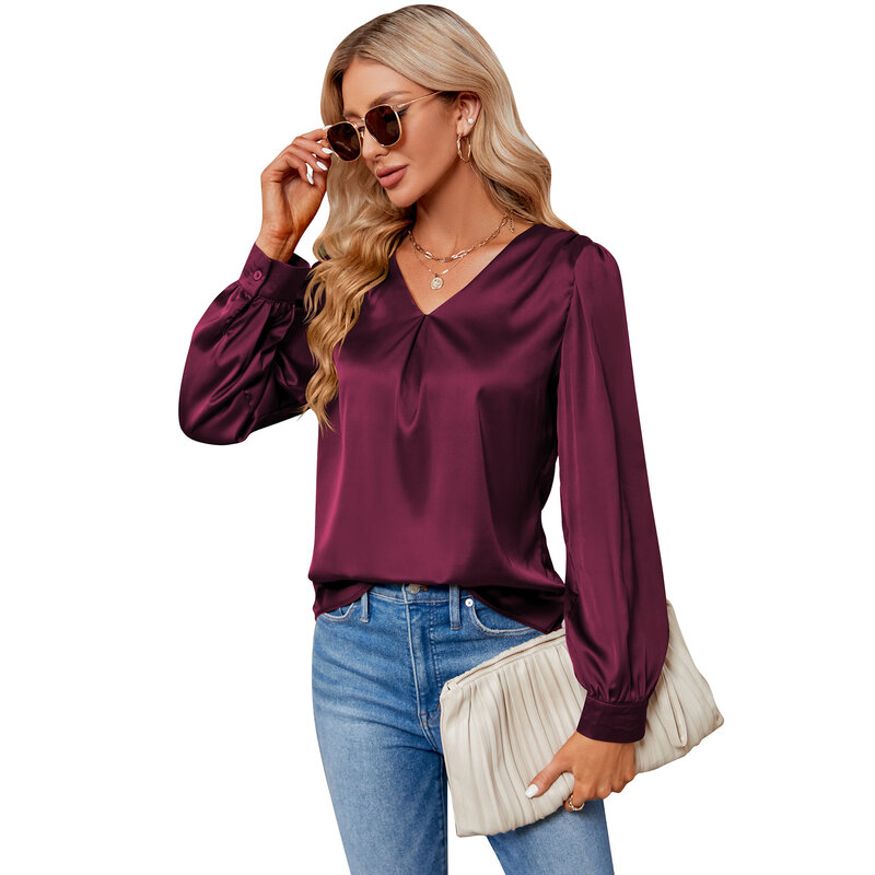 Womens Long Sleeve Blouse Casual Shirts Satin Fashion Loose Top Loose Shirt Tunic Tops