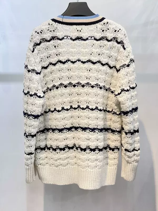 2024 baru musim panas kardigan rajut berongga mantel musim gugur atasan Sweater V-neck gaya kuliah kasual Jacquard huruf bergaris warna untuk wanita