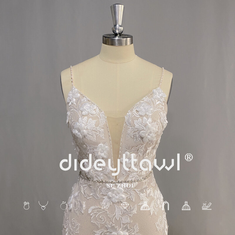 Gaun pengantin tanpa lengan gambar nyata 3D bunga seksi putri duyung gaun pengantin tanpa lengan 2024 tali spageti dalam leher V rendah gaun pengantin punggung terbuka