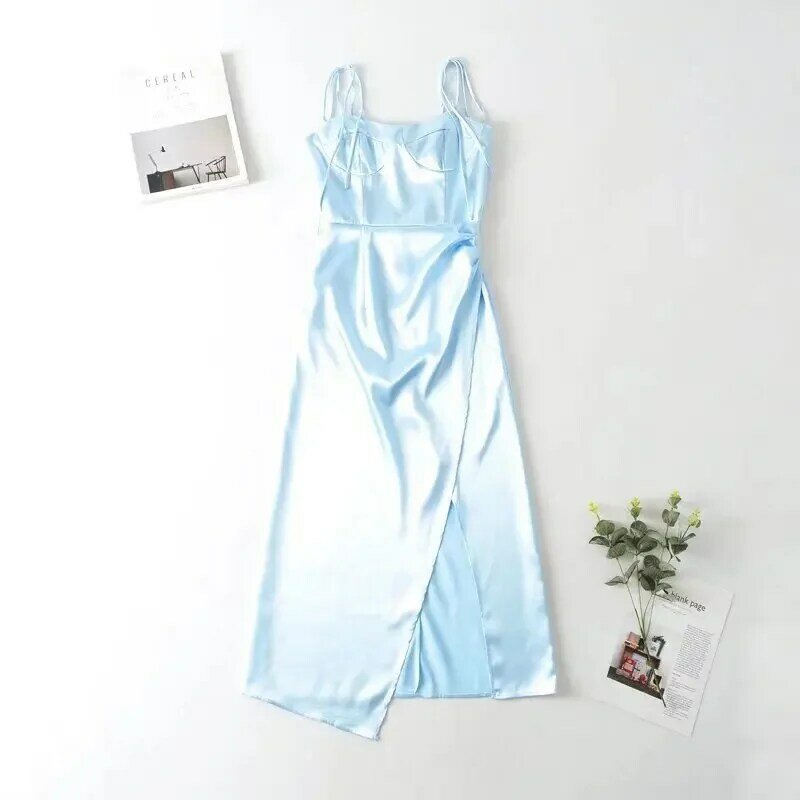 Women's Summer New Solid Color Side Fold Split Satin Sling Dress