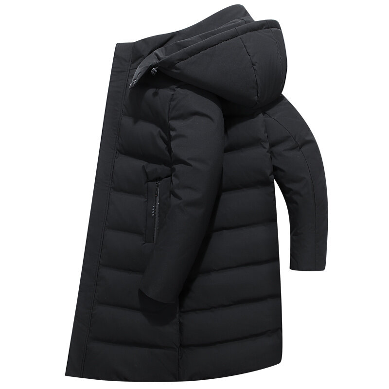 メンズロングホワイトダックダウンフード付きジャケット、暖かいオーバーコート、厚いオーバーコート、膝のパーカーの上、90% のダックダウン、ファッション、冬、2023